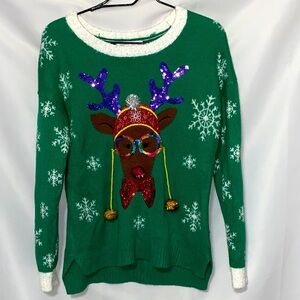 CELEBRATE TOGETHER SIZE SMALL FUNKY Festive‎ MULTICOLOR Reindeer GREEN Sweater